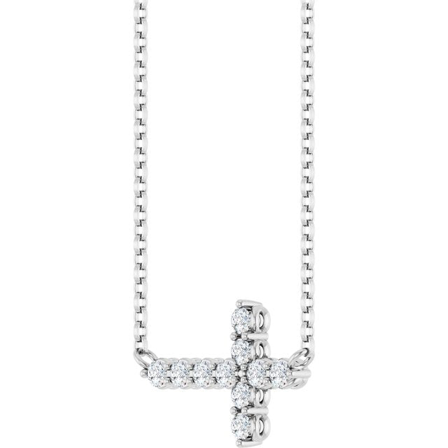 14k-white-1/3-ctw-lab-grown-diamond-sideways-cross-18"-necklace