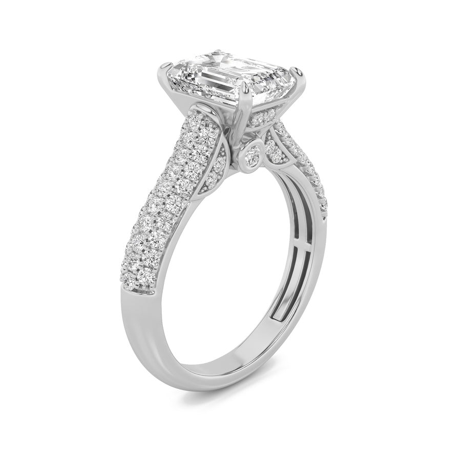 1.5Cttw Emerald Shaped Lab Grown Diamond (F/VS) Hidden Halo Accented Engagement Ring in 14K Gold